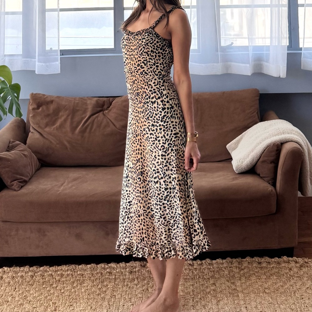 Faithfull the Brand Leopard Print Midi, Ruffled Hem & Straps, Size 4